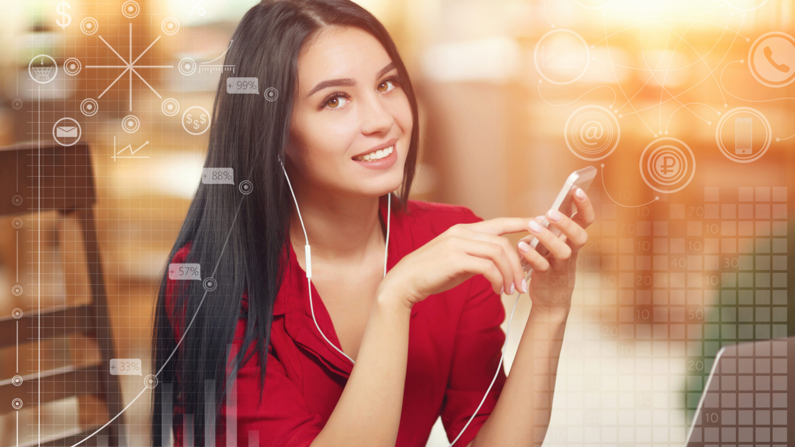Young business woman using phone in coffee shop. Successful business woman. Business infographic