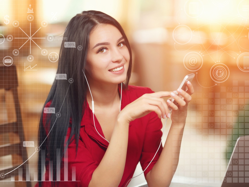 Young business woman using phone in coffee shop. Successful business woman. Business infographic